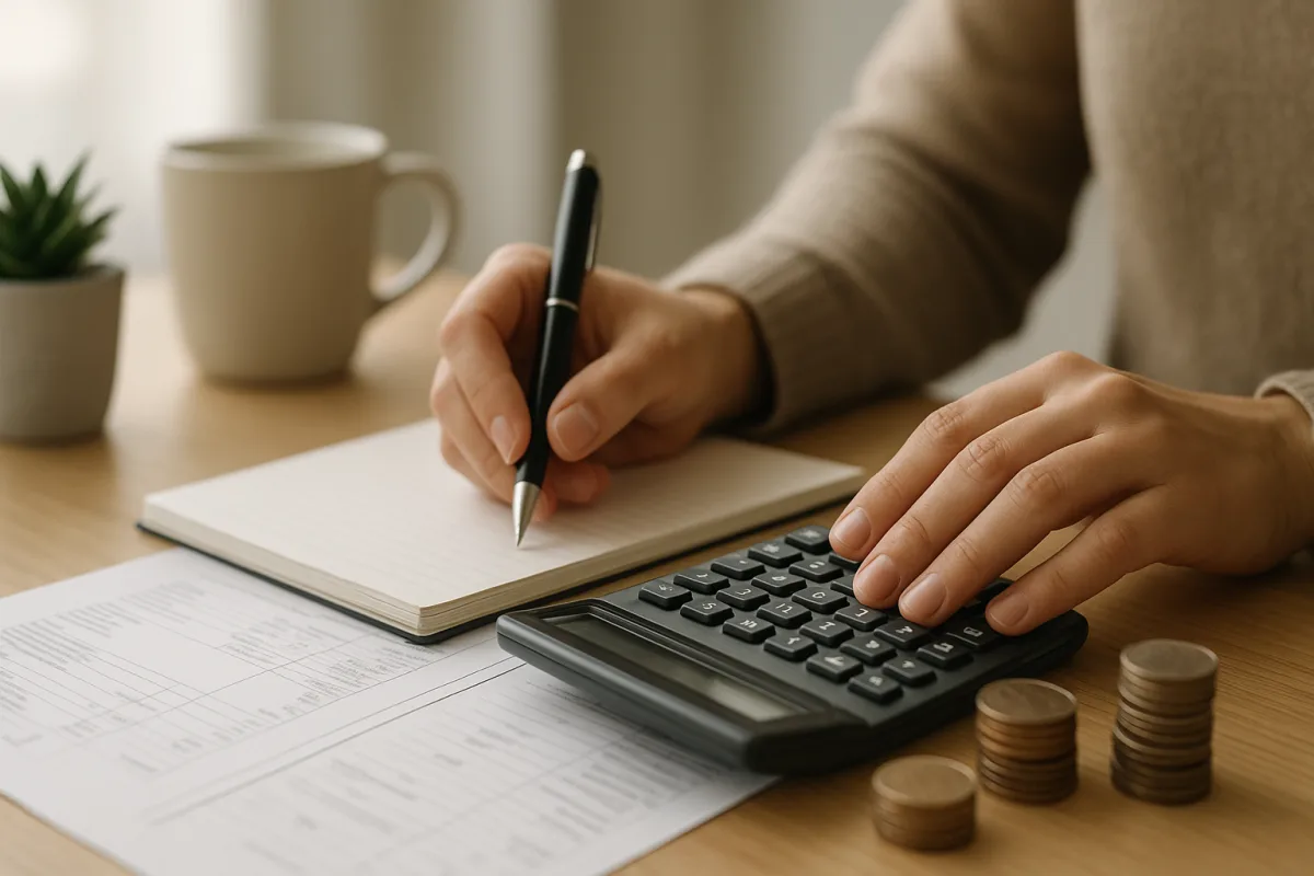 Family reviewing a monthly budget with bills and savings plan