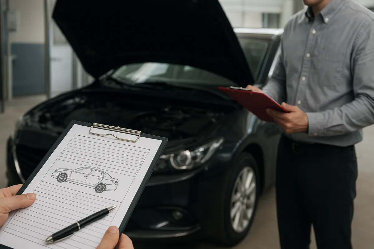 Technician reviewing a used car inspection report