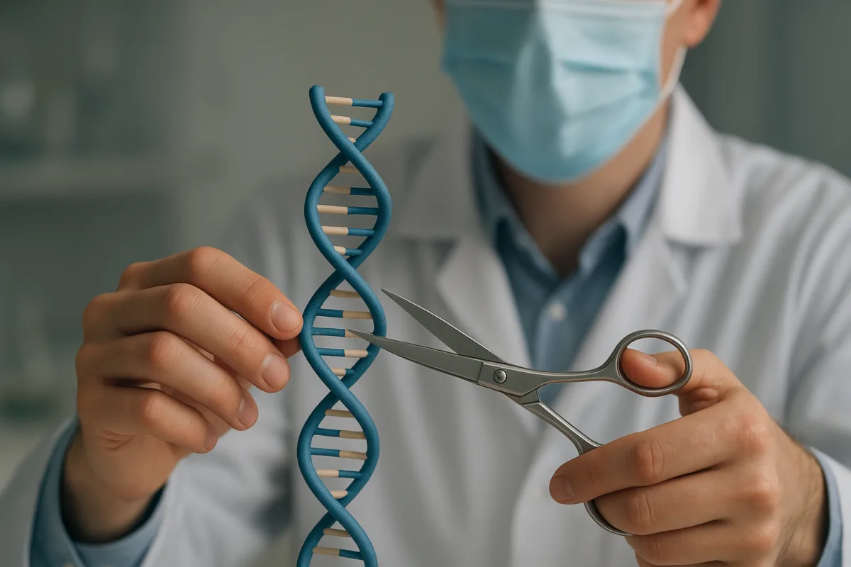 Laboratuvarda CRISPR-Cas9 ile DNA düzenleme sürecini gösteren bilimsel illüstrasyon