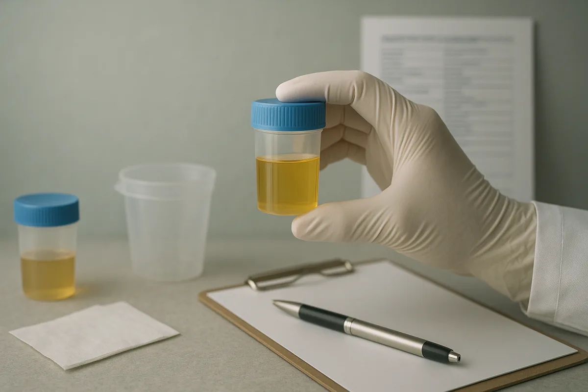 Doping kontrol istasyonunda numune kaplarını inceleyen sporcu ve görevli