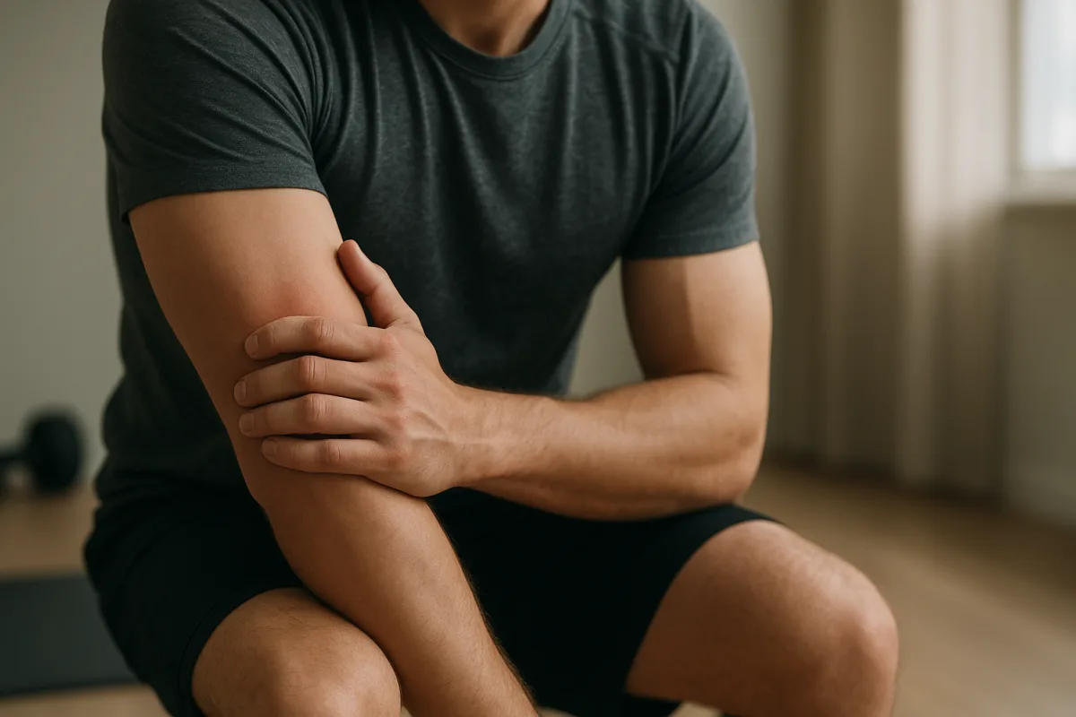Person holding a sore thigh after exercise