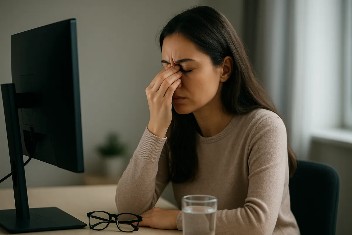 Person resting tired eyes while using a screen