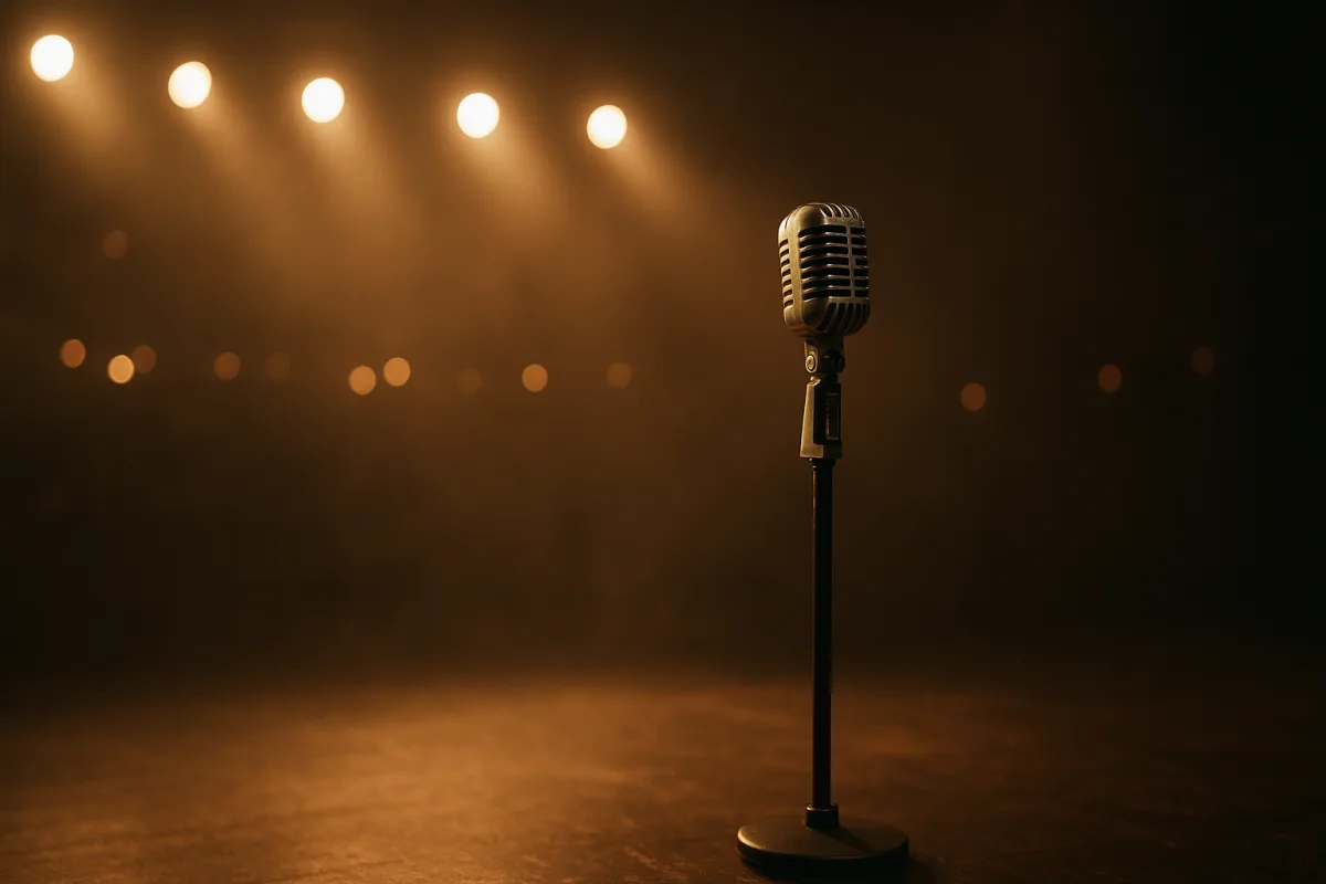 Sahnede mikrofonla performans sergileyen şarkıcı, söz yazarı ve besteci İbrahim Erkal