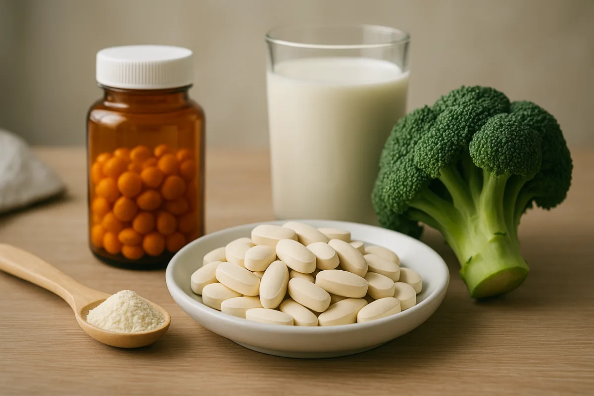 A glass of milk, leafy greens and sunlight representing bone health