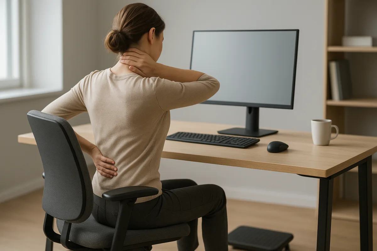 Office worker adjusting sitting posture to reduce back and neck pain