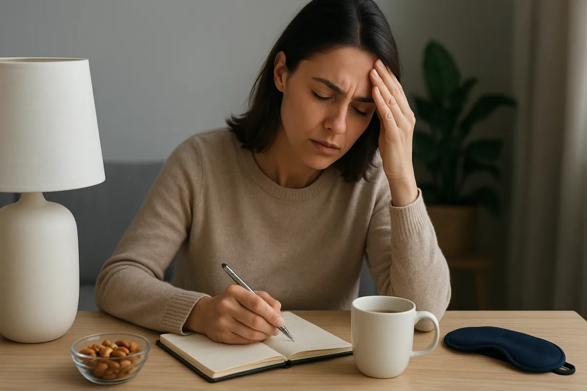 Person keeping a headache diary while dealing with migraine symptoms