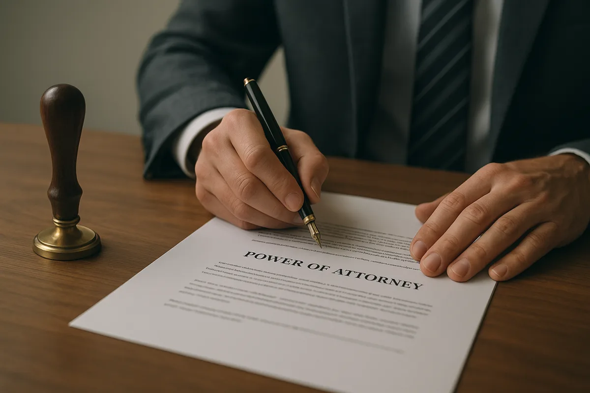 Persona firmando un poder notarial en una notaría