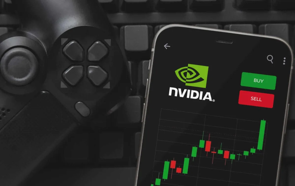 Nvidia logo with AI data center graphics and stock chart