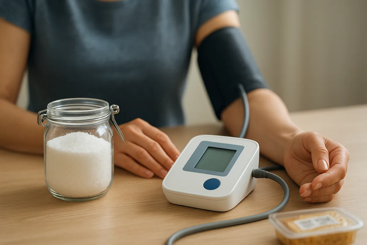 Salt shaker next to a blood pressure monitor
