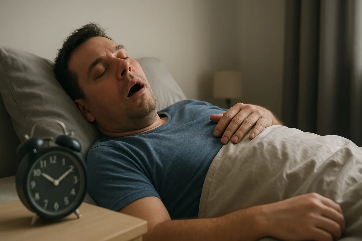 Gece horlayan ve uykuda nefesi duran kişide uyku apnesi belirtilerini anlatan görsel