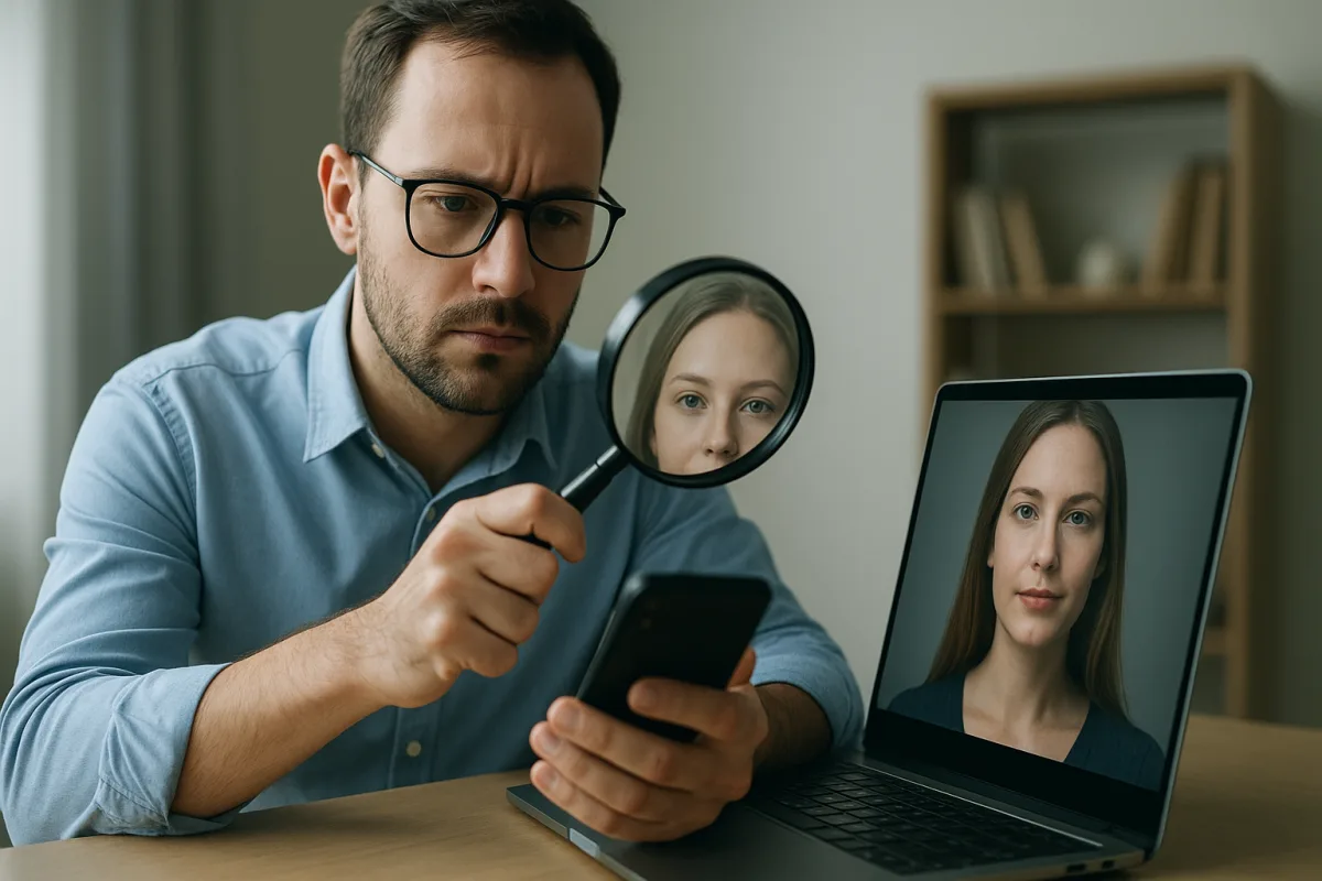 Deepfake videoyu analiz eden ekranda yüz ve ses dalga biçimlerini gösteren dijital doğrulama görseli