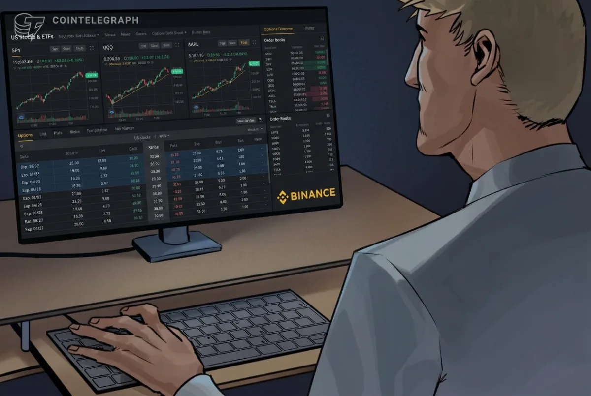 Logo de Binance junto a gráficos de acciones y ETF de EE. UU.