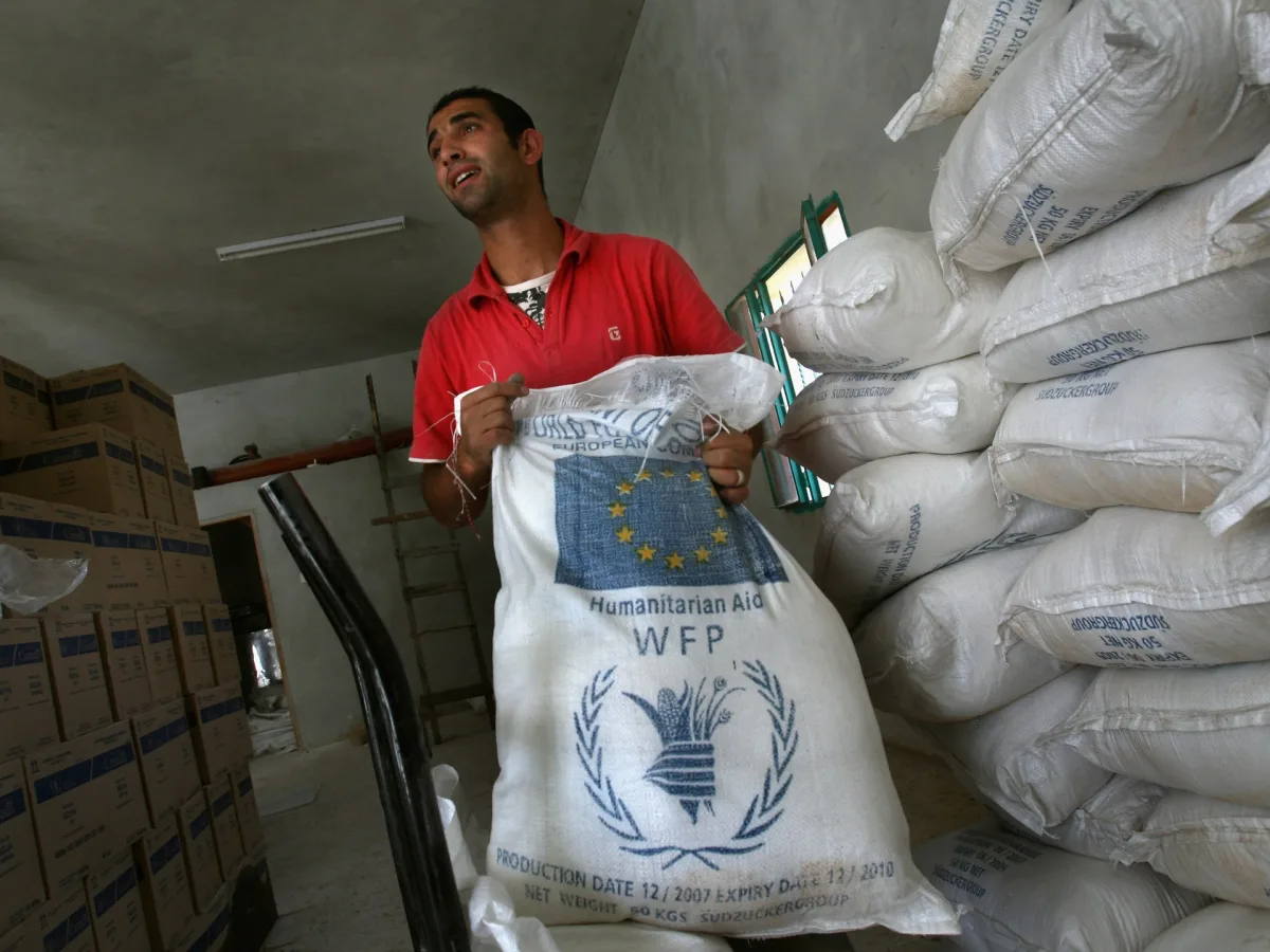 Сотрудник WFP раздает гуманитарную помощь палестинцам