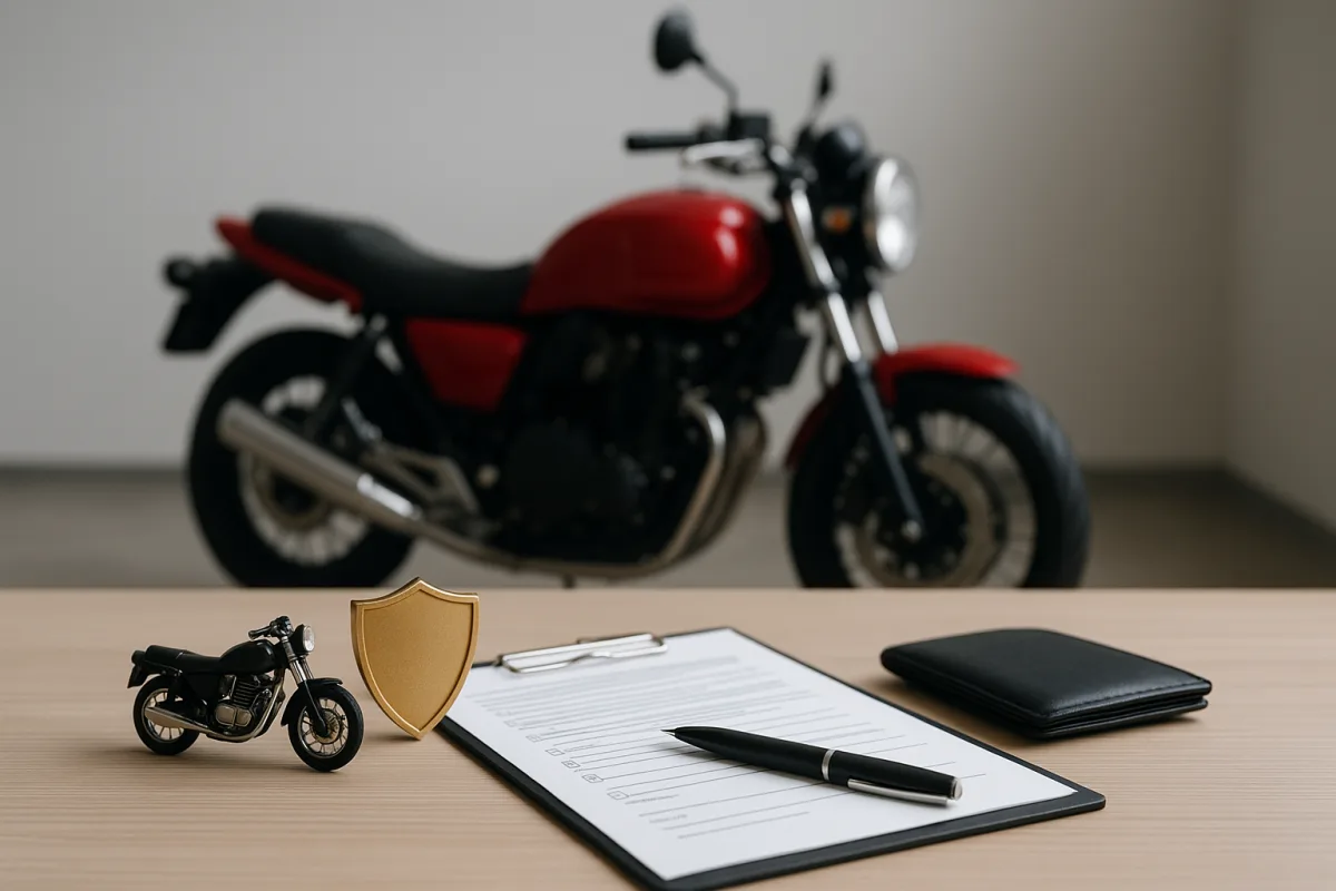 Motorcycle parked on a city street with insurance documents