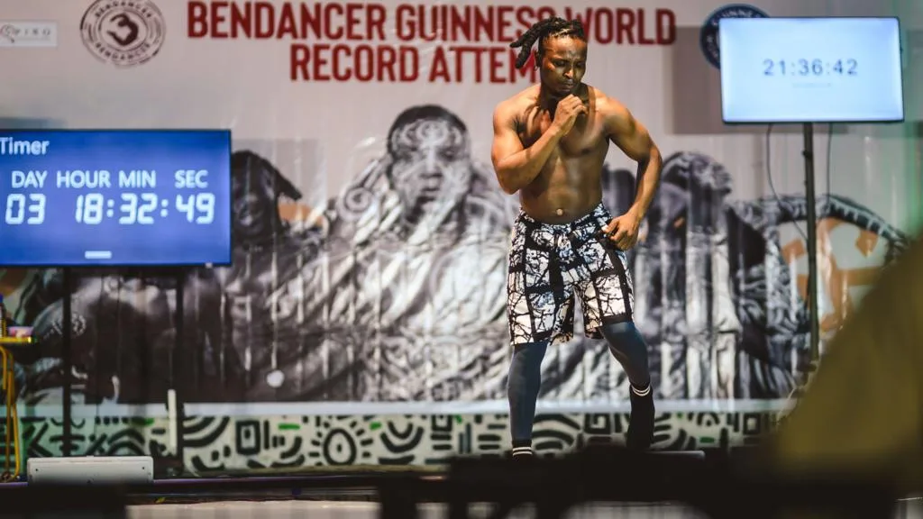 Ben Dancer performing during a 168-hour dance marathon attempt in Lagos