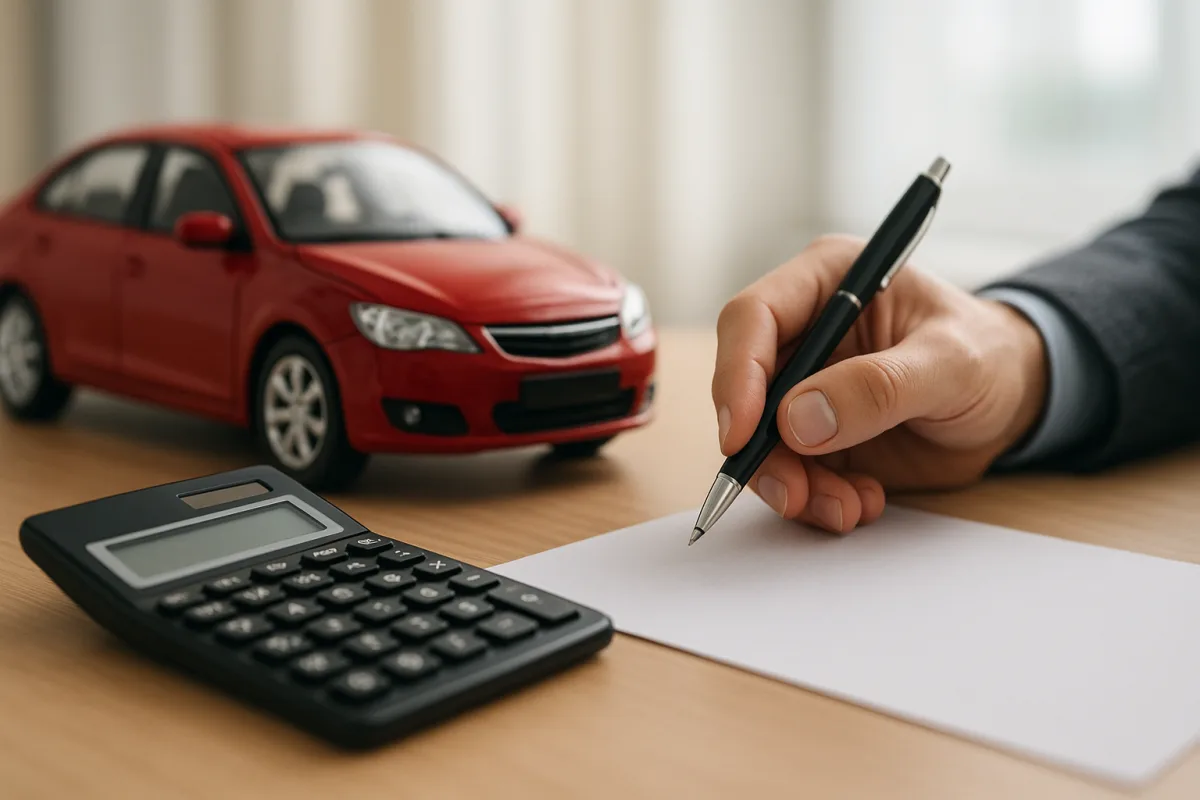 Car loan terms and down payment discussion with calculator and car keys