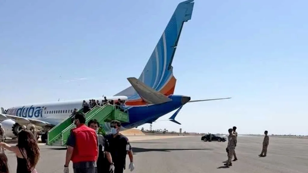 Flydubai plane on the tarmac during an aviation investigation