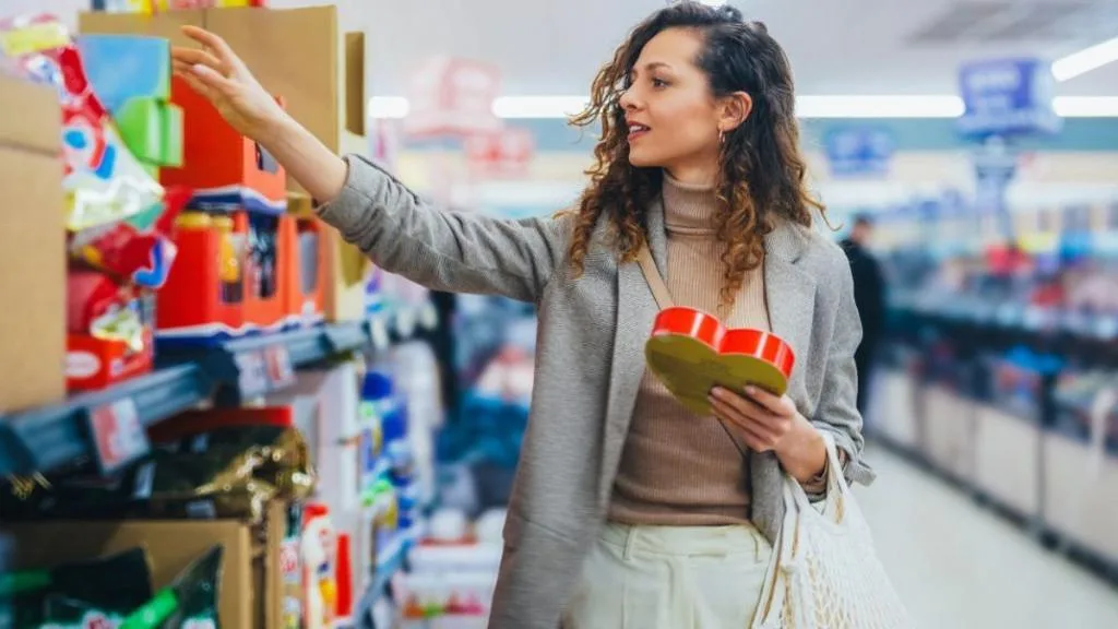 Supermarket aisle with product promotions affected by Scotland's new retail rules
