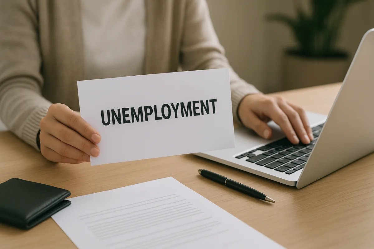 A worker looking at an unemployment benefits application screen