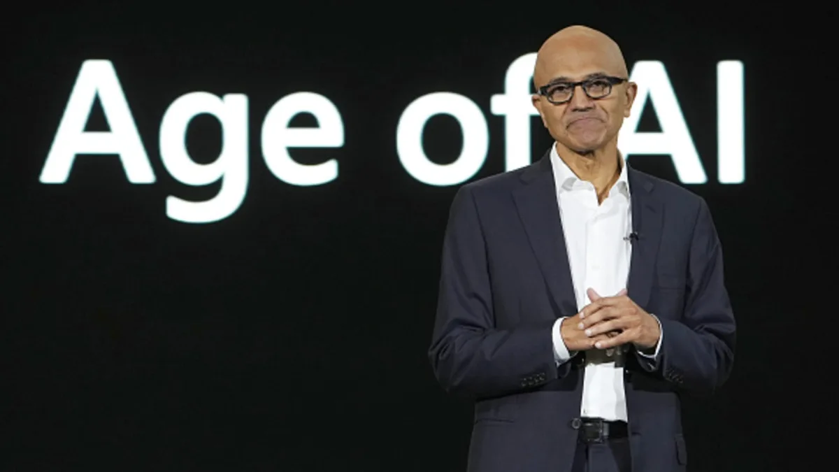 Microsoft logo and AI-themed interface on a screen