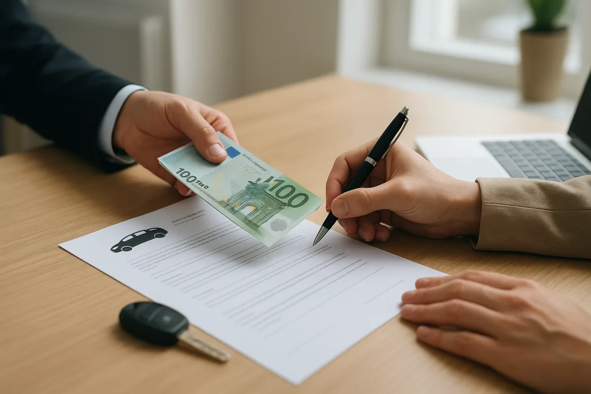 Buyer and seller completing a secure used-car sale at a notary office