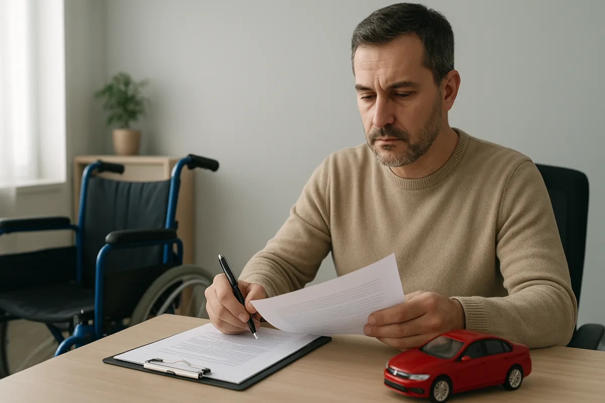 Person reviewing documents for a VAT-exempt vehicle application