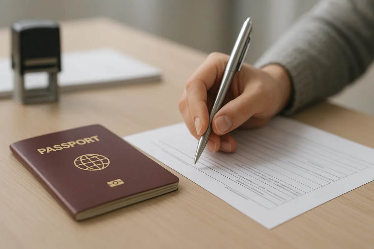 Pasaport başvurusu için randevu ekranı, evraklar ve ödeme sürecini anlatan görsel