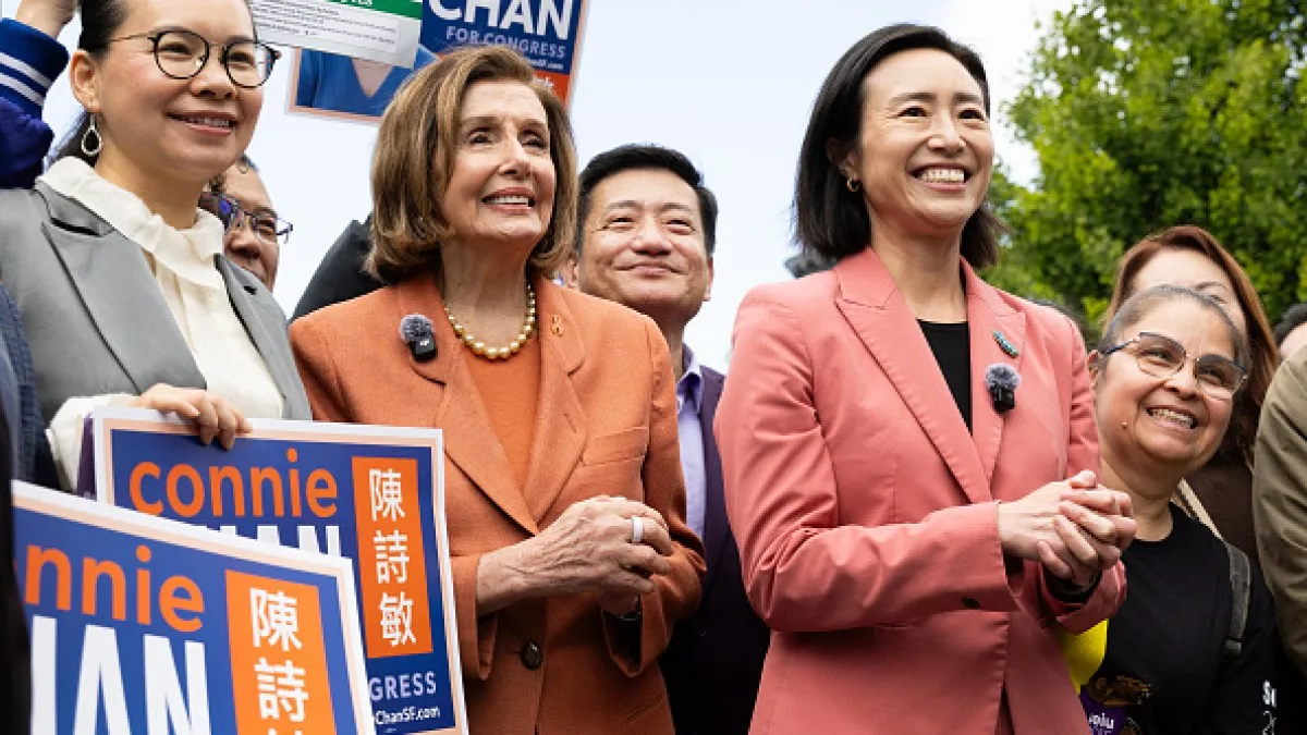 Connie Chan speaking during a debate in California's 11th District race