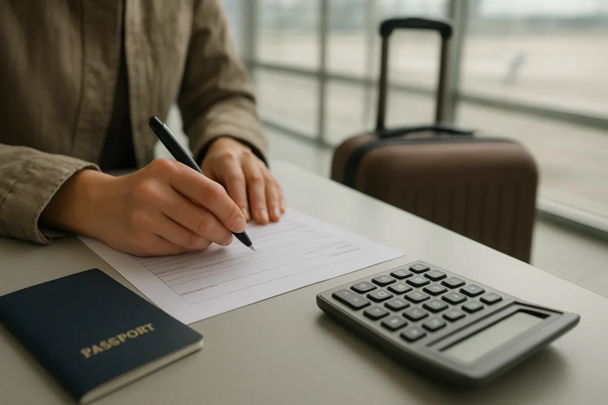 Travelers at an airport checking documents and payment details