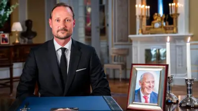 King Haakon VIII delivers his first televised address from the Royal Palace in Oslo