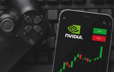 Nvidia logo with AI data center graphics and stock chart