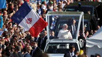 Pope Leo meeting French bishops in Lourdes during his visit to France